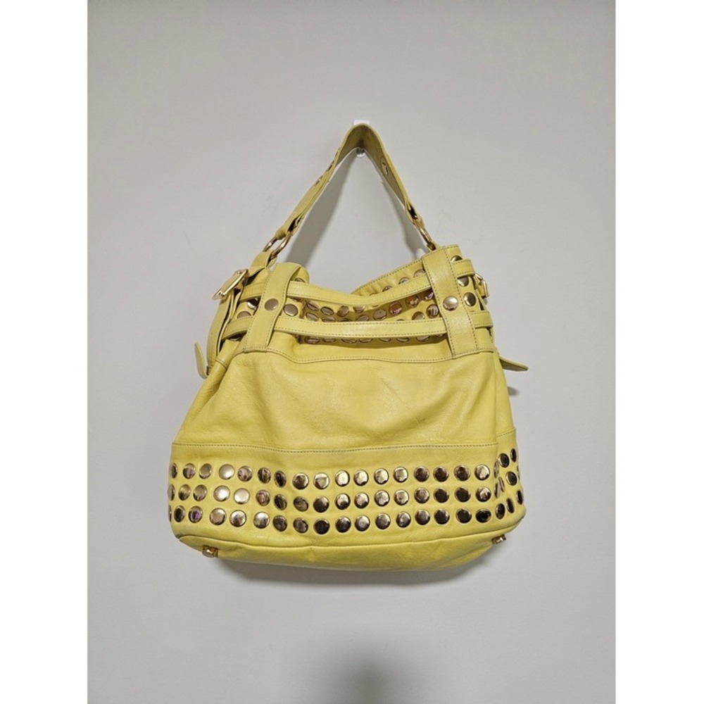 Rebecca Minkoff Devote Tote Leather Hobo Bag Yellow Studded Moto Edgy Y2K Boho ~ - Picture 3 of 11